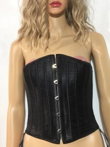 Black Faux Leather Corset Burlesque Bustier26 Steel Boned Overbust Lace Up Top - Picture 1 of 23