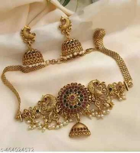 Indisches Bollywood vergoldet Kundan Halsband Braut Halskette Ohrringe Schmuck Set - Bild 1 von 2