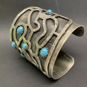 VTG HUGE MODERNIST BRUTALIST silver tone SIMULATED TURQUOISE WIDE CUFF BRACELET - Picture 1 of 24