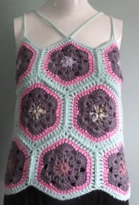 New Handmade Crochet Size M (34 Inches) Green African Flower Hexagon Blouse Tops - Picture 1 of 4