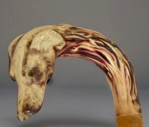 Antique Celluloid/Bakelite? Carved Dog Glass Eyes Cane Walking Stick 33” - Picture 1 of 11