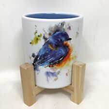 Demdaco Dean Crouser Bluebird Mini Planter Ceramic w/ Bamboo Wood Base Stand