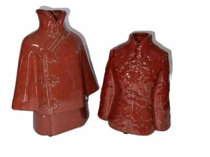 Oriental Asian Ceramic Maroon Kimono Jacket Coat Floral Vases - Picture 1 of 13