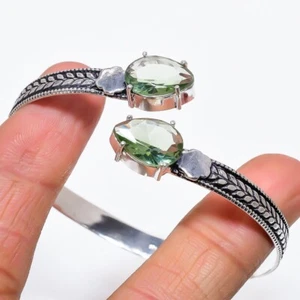 Green Amethyst Gemstone Handmade 925 Sterling Silver Adjustable Cuff Bracelet - Picture 1 of 1