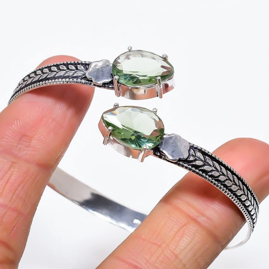 Green Amethyst Gemstone Handmade 925 Sterling Silver Adjustable Cuff Bracelet - Image 1 of 1