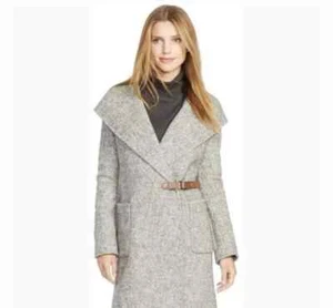 Lauren Ralph Lauren Mantel Damen 18 Tweed Wolle Fischgrät grau weiß Kapuze Wickeloptik - Bild 1 von 17