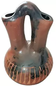 Vaso matrimonio doppio beccuccio ceramica crine di cavallo firmato Navajo "N. Sam" 5 1/2" - Foto 1 di 7