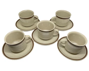 Vintage Speckled Set Of 5 Cups & Saucer Stamped Stoneware Japan W/Brown Rim 1970 - Picture 1 of 3