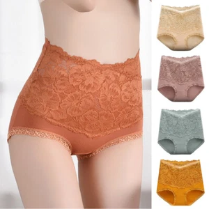 Women Cotton Lace High Waist Panties Seamless Stretch Briefs Underwear Solid - Picture 1 of 20