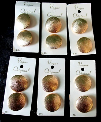 Vintage Buttons 12 Gold Metal Buttons 6 Cards of 1/2" Sewing Craft Buttons - Image 1 of 4