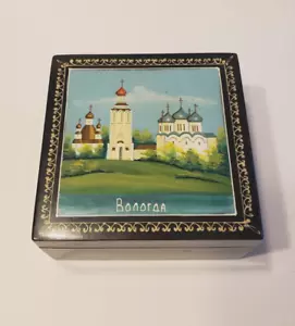 Vintage Russian USSR Lacquer Wood Box Landscape Orthodox Churches Hand Painted - Picture 1 of 9