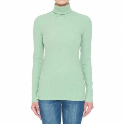 Camisa básica de manga larga de algodón de punto acanalado elástico suave cuello alto para mujer Foto 1 de 4