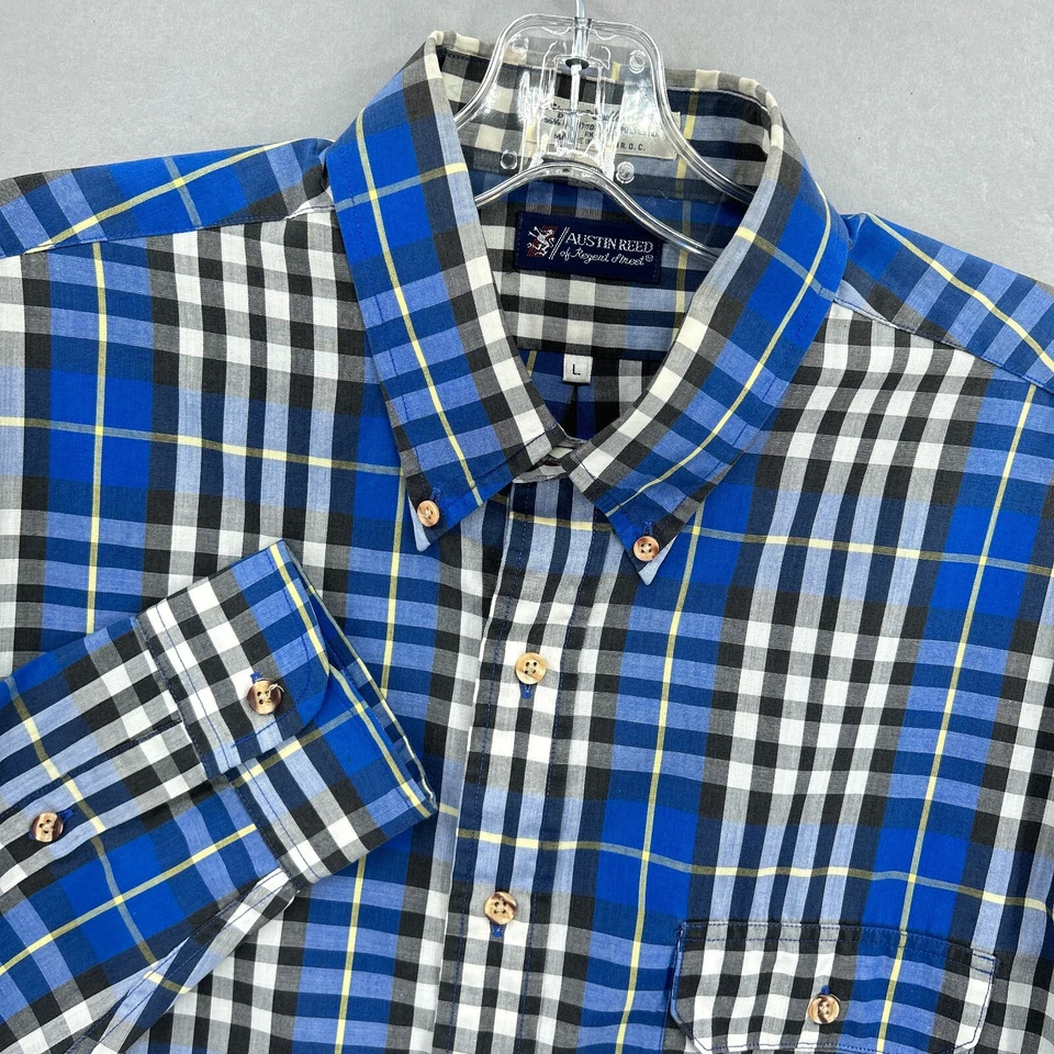 VTG Tartan Plaid Shirt Mens Large Button Front Blue Single Needle Austin Reed - Image 1 of 4