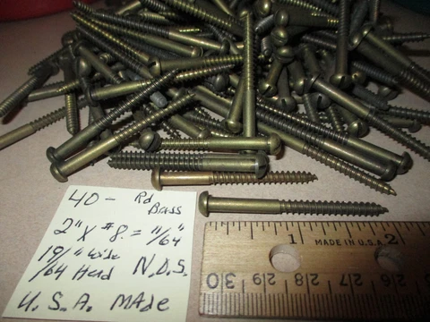 40--VINTAGE SOLID BRASS WOOD SCREWS WITH ROUND SLOT HEADS 2" LONG X #8=11/64" Cover