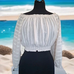 Creme hauchdünnes Top S geraffter Bund cropped lange Ballonärmel Strand Boho FAE - Bild 1 von 13