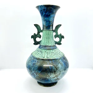 Jarrón japonés bronce metal mármol azul pavo real turquesa, 9,25"h firmado - Imagen 1 de 12