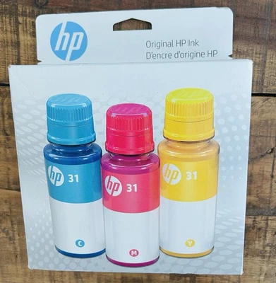 Genuine HP 31 3-Pack Cyan, Magenta, Yellow Ink Bottles 9C228AN EXPIRATION 05/26 - Image 1 of 3