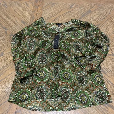 Talbots Women Blouse Top 10P Green Paisley Geometric V-Neck 3/4 Sleeve Satin - Image 1 of 4