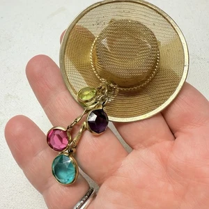 Vintage Gold Tone Mesh Hat Pin Brooch Open Bezel Dangling Acrylic Stones 80s - Picture 1 of 4