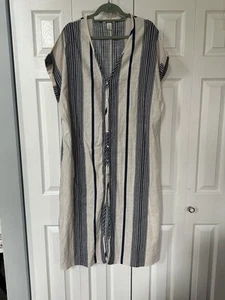 H & M Cotton Linen, Blend Blue White Striped Mid Dress Size L Buttons - Picture 1 of 3