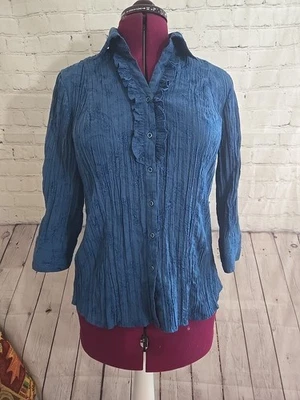 Blue Ruffle Crinkle Blouse Sz Lg Lace Coquette Fairy Romantic Cottagecore  - Image 1 of 4