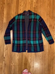 Lands' End Plaid Tartan Open Front Knit Cotton Cardigan L 14-16 Green Blue NWOT - Picture 1 of 11