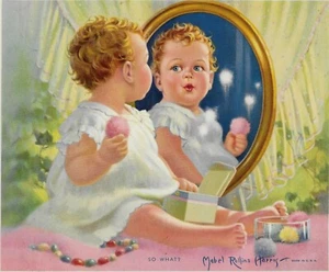 Mabel Rollins Harris, Baby Mirror Powder Puff 9.5"x8" Sample Print 1940s - Picture 1 of 3
