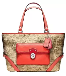 COACH STROH BEUTELTASCHE HANDTASCHE SHOPPER TASCHE NATUR Tangerine Orange Neu 22904 - Bild 1 von 3