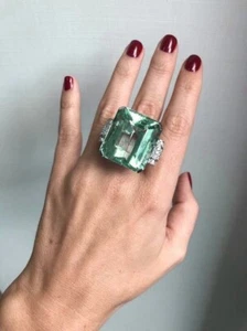 Glittering Sea Green Simulated 82.25CT Aquamarine & White CZ Art Deco Style Ring - Picture 1 of 12