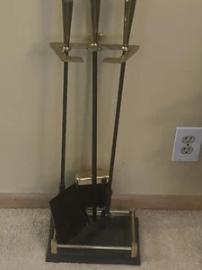 Mid Century Modern Brass and Black four Piece Fireplace Set - Picture 1 of 8