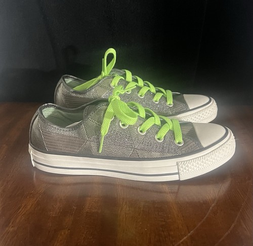 Sneakers Converse All Star donna tg 4 grigio lucido con lacci verde fluo nuove senza scatola