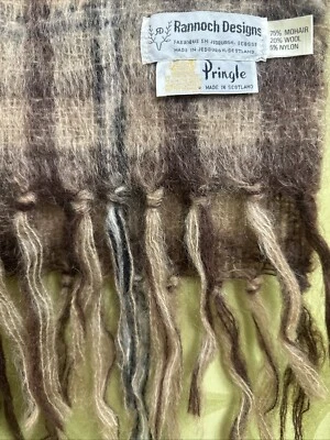 Vintage 1960s-70s PRINGLE SCOTLAND Mohair BROWN PLAID Wool Scarf LOW MILES 72x18 - Image 1 of 4