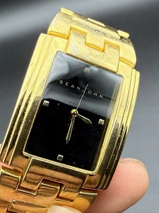 SEAN JOHN CLASSIC MEN'S WATCH Black Dial w/ Gold Tone Case & Brown Band - Picture 1 of 6