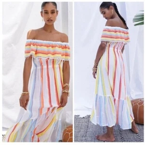 Lemlem Mokati Off Shoulder Striped Elastic Waist Maxi Dress Boho Beach Medium - Picture 1 of 11