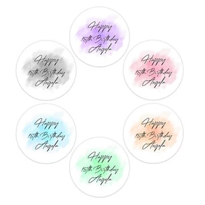 PERSONALISED PASTEL PINK BLUE HAPPY BIRTHDAY PARTY STICKERS ROUND LABEL FAVOUR - Picture 1 of 7