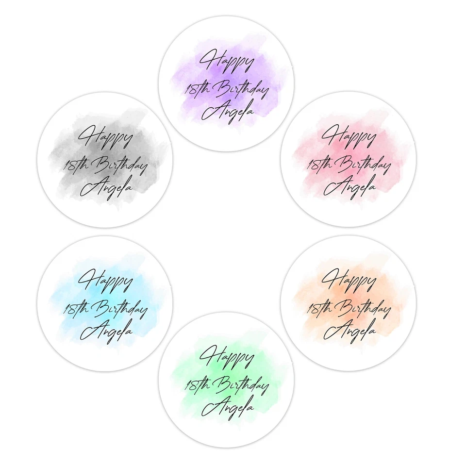 PERSONALISED PASTEL PINK BLUE HAPPY BIRTHDAY PARTY STICKERS ROUND LABEL FAVOUR