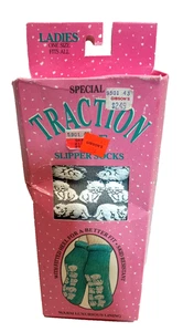 Vintage Special Traction Ladies Slipper Socks with Gripper Sole Gray w/ Kittens - Picture 1 of 11