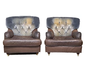 Pair of Baker Brown Leather & Blue Suede Club Armchairs Lounge Armchairs - Picture 1 of 11