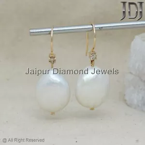 Barock Perlen Ohrringe Lang Haken Massiv 14k Gelbgold Natürlich Diamant Schmuck - Bild 1 von 10