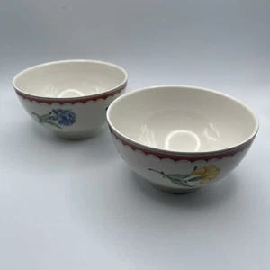 Vtg Villeroy & Boch Jardin d'Alsace Fleur Rice Bowl Set of 2 Floral Coral Rim - Picture 1 of 8