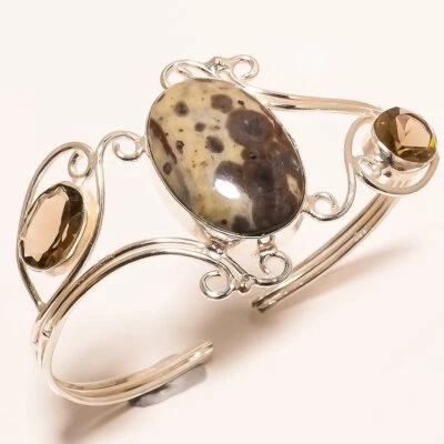 Natural Polka Dot Jasper, Smokey Topaz Gemstone 925 Sterling Silver Cuff c046 - Image 1 of 4
