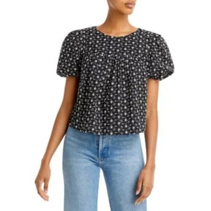 AQUA Ladies Black & White Floral Embroidered Short Sleeve Tie Top, NWT! - Picture 1 of 4