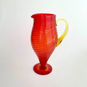Striking MCM PILGRIM GLASS Pitcher Red Swirl Design w/ Yellow Applied Handle - Picture 1 of 11