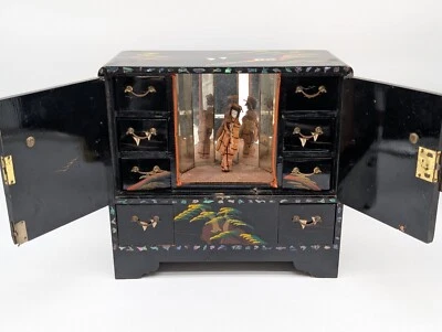 Vintage Black Lacquer Japanese Jewelry Box W/ Dancing Geisha Music Box Faulty - Image 1 of 4