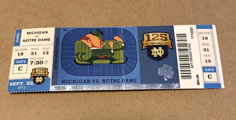 2012 Michigan Wolverines vs Notre Dame Fighting Irish Football Ticket Crease Cover