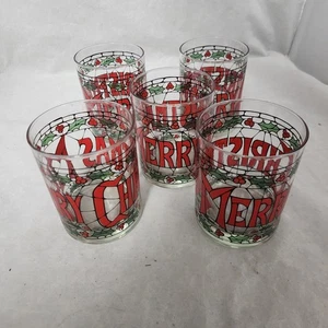 Set of 5 Vintage Cera Houze Merry Christmas Glasses 4-1/8" high, 3-1/4" width - Picture 1 of 4