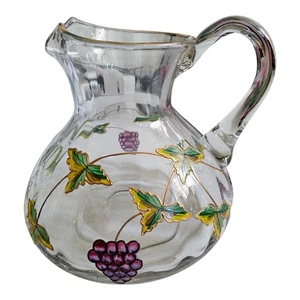 Glass Pitcher Embellished W/ Grapes & Vines Gold Trim Thick Clear Glass READ - Picture 1 of 8