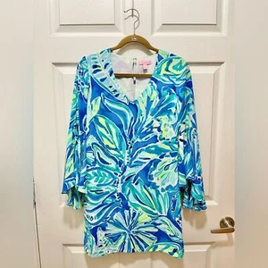 Lilly Pulitzer Dress Rosalia Beckon Blue Palm Passage Crepe Flounce Sleeves 00 - Picture 1 of 16