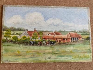 COWS IN FARM YARD FIELD Original WATERCOLOUR  ON BOARD 1938 - Picture 1 of 3