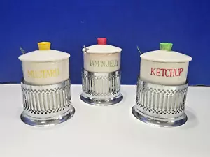 Midcentury Condiment Jars in Chrome Holder Bases with Spoons Set of 3 - Picture 1 of 10